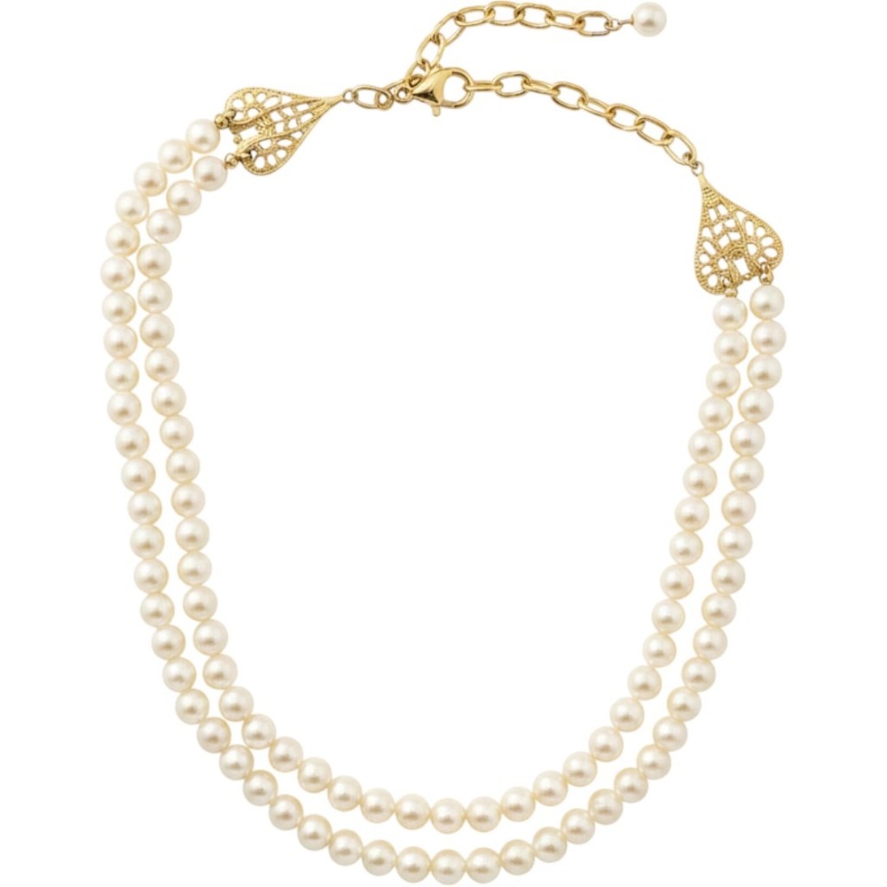 Vintage Style Double Strand Faux Pearl Necklace Gold Filigree Heart Hook Closure